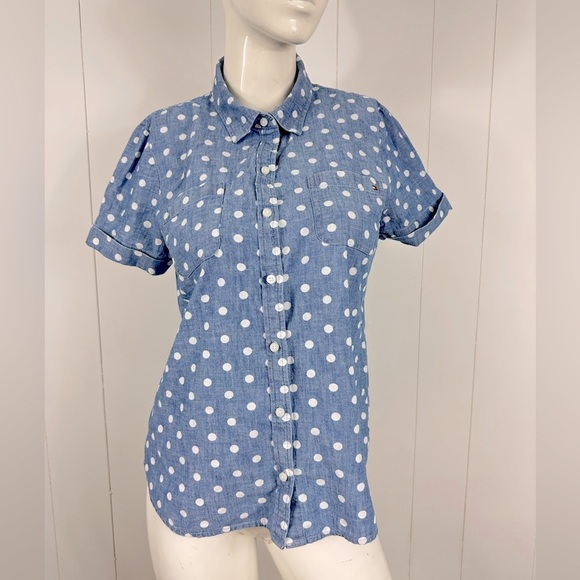 Tommy Hilfiger Sz M Blue & White Polka Dots Casual Button Up Shirt Short Sleeve - Picture 1 of 10